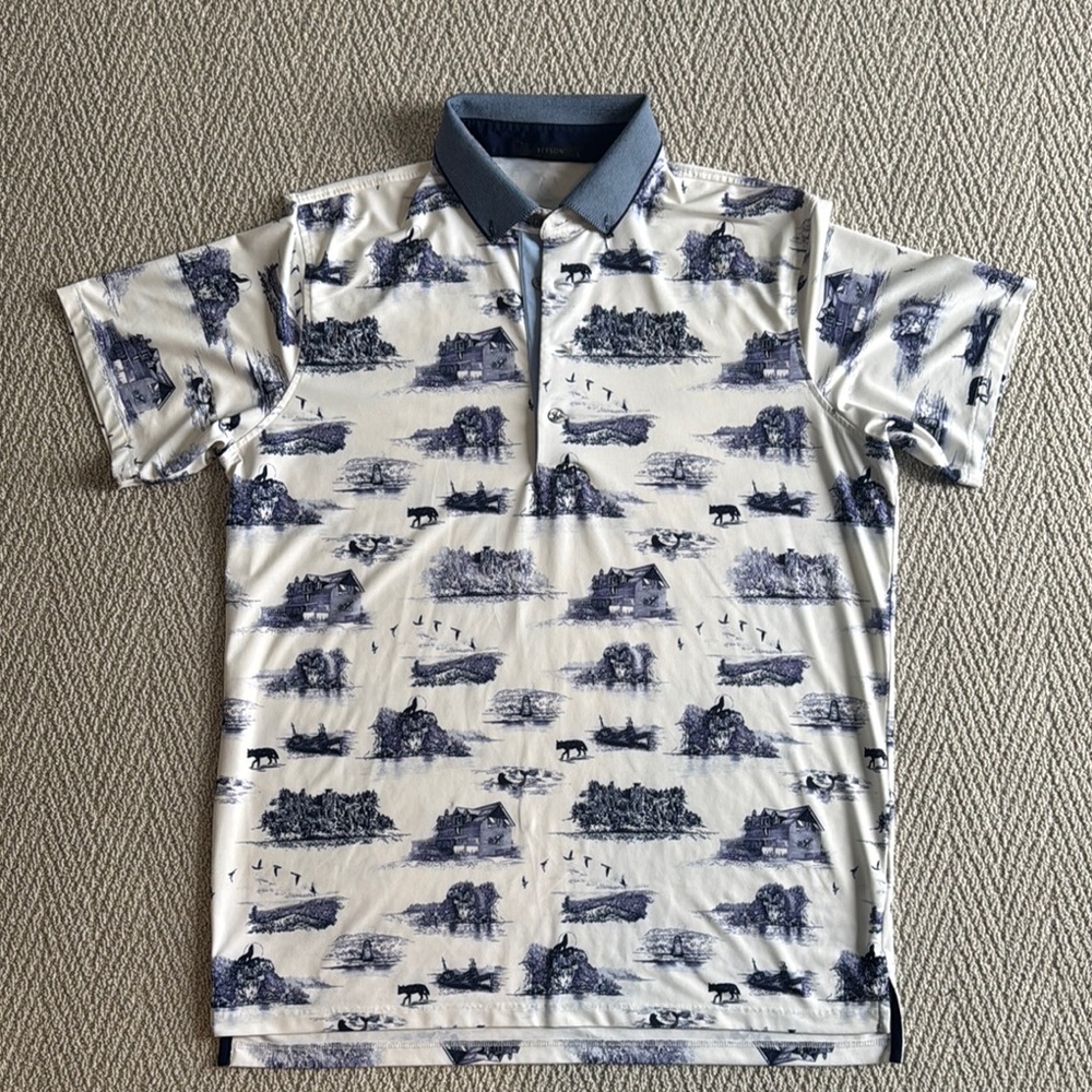 Men's Greyson golf  Shirt in White and Navy print